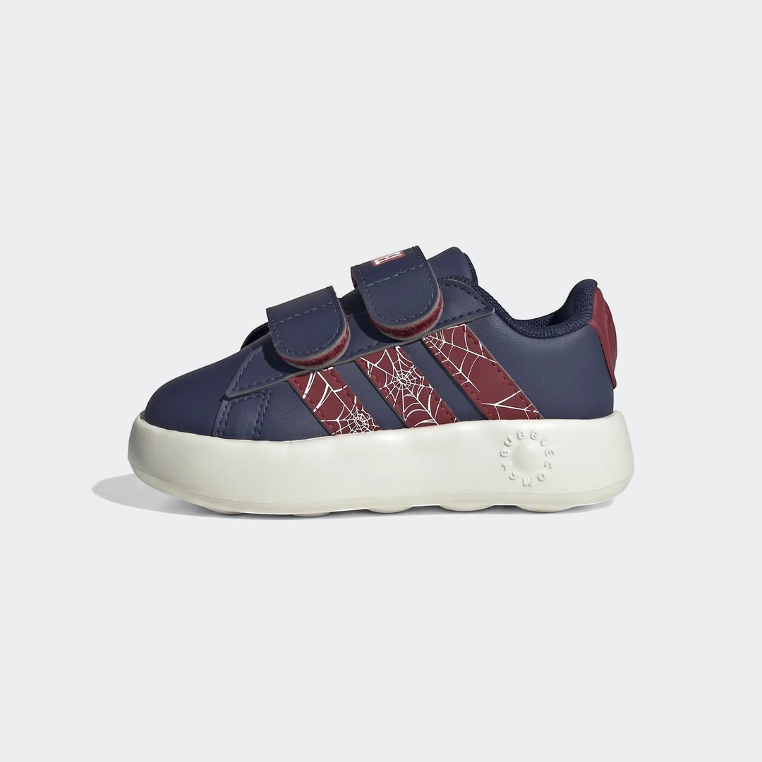 Grand Court Spider-Man Cloudfoam kids' shoes in navy blue and red with velcro closure, shown in a side view.