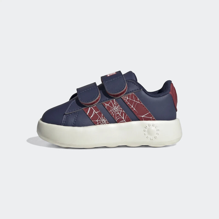 Grand Court Spider-Man Cloudfoam kids' shoes in navy blue and red with velcro closure, shown in a side view.