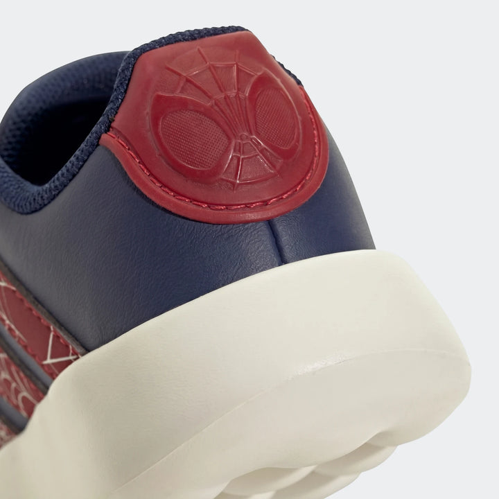 Kids' Grand Court Spider-Man Cloudfoam shoe, navy blue with red heel and white sole, shown from the rear quarter view.