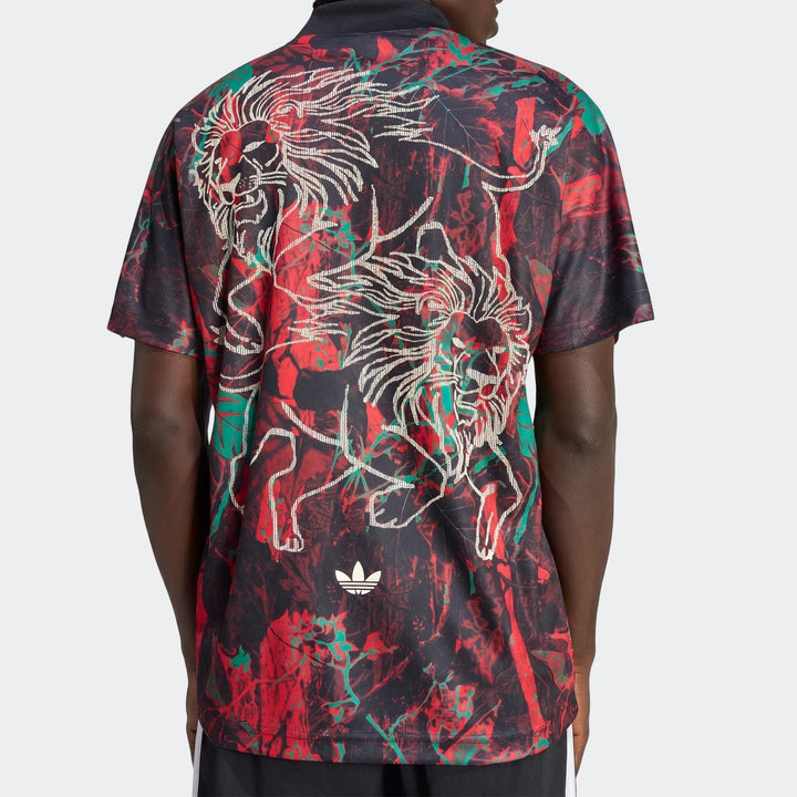 Graphic Football Jersey in black with red and green abstract print, back view showing large lion graphic