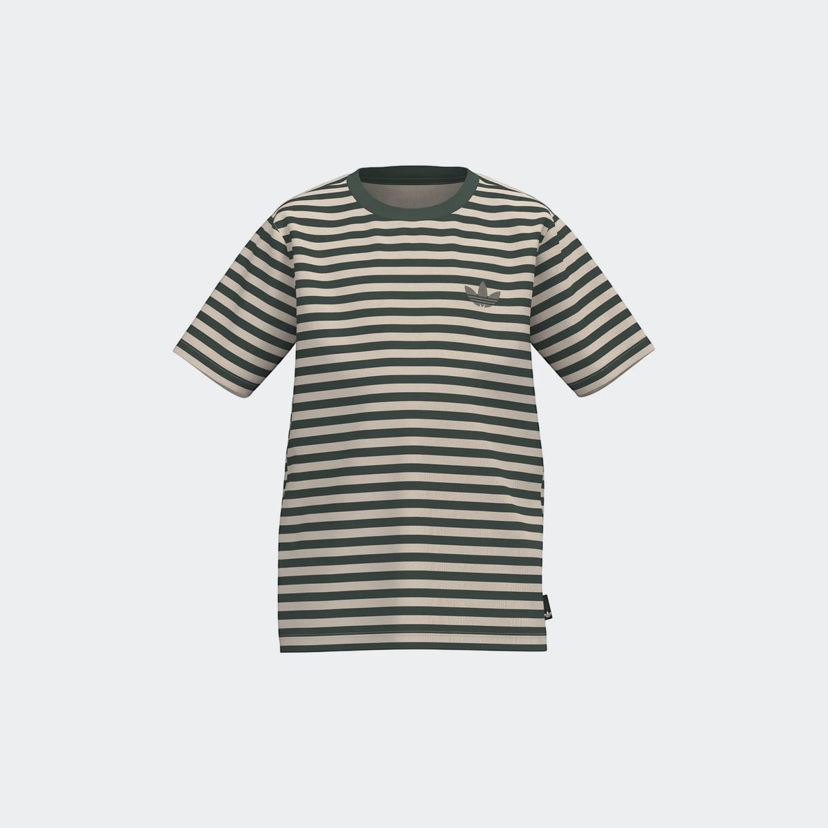 Green and off-white striped short-sleeved t-shirt with an Adidas Trefoil logo on the chest, presented on a white background.
