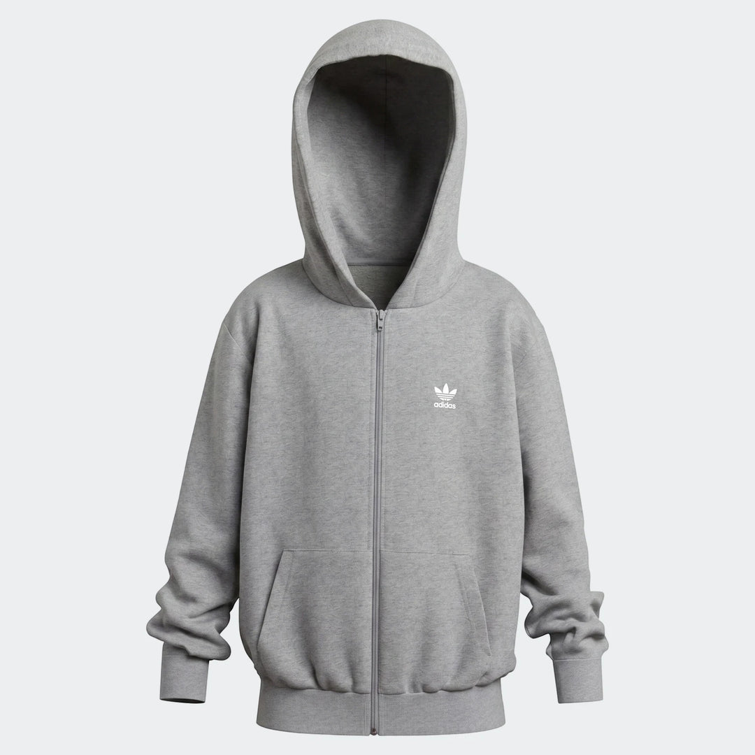 Grey youth full-zip hoodie with white Adidas Trefoil logo on chest, shown in a front view.