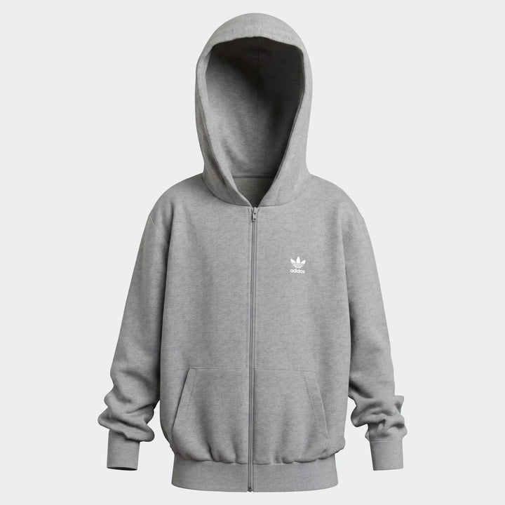 Grey youth full-zip hoodie with white Adidas Trefoil logo on chest, shown in a front view.