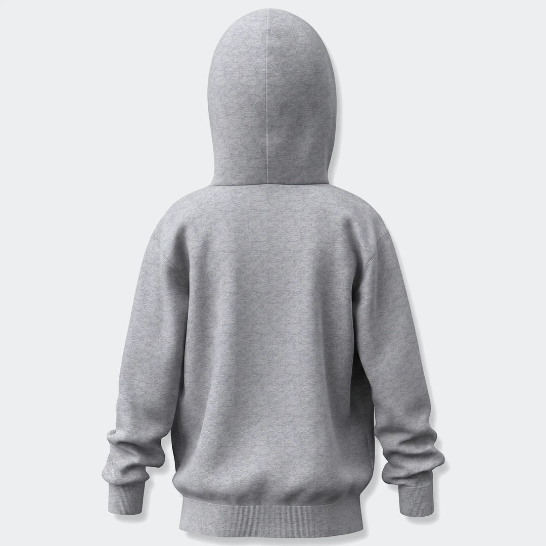 Grey youth full-zip hoodie, seen from the back, featuring a comfortable fit and classic design.