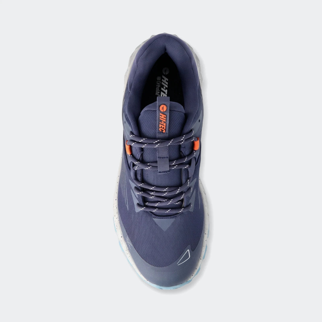 Navy blue Hi-Tec Fuse Trail Low II men's sneakers, viewed from directly above, showcasing their athletic design and durable