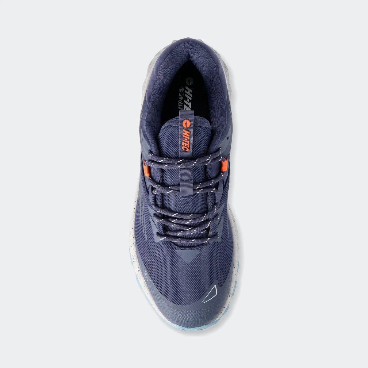 Navy blue Hi-Tec Fuse Trail Low II men's sneakers, viewed from directly above, showcasing their athletic design and durable