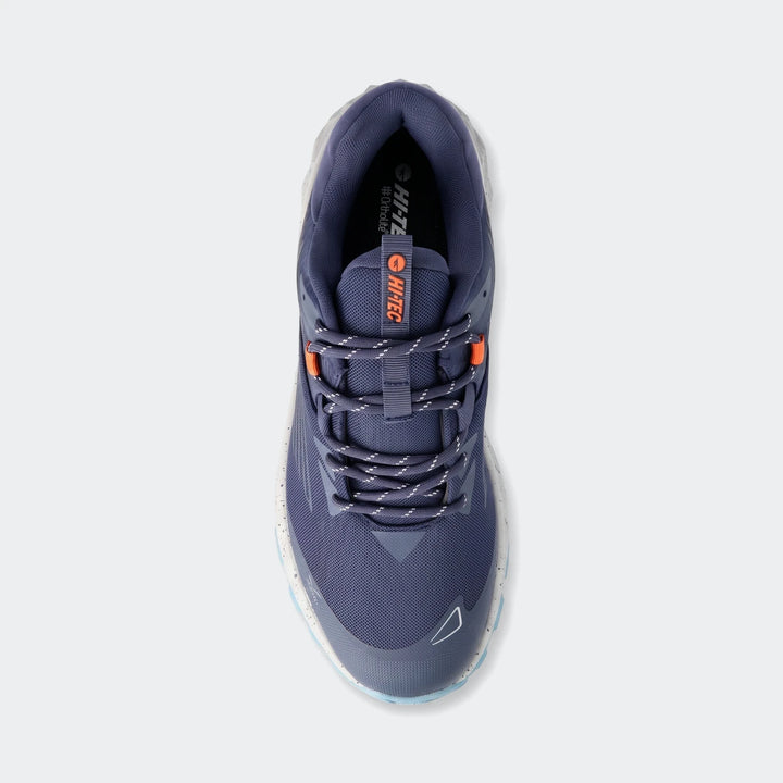 Navy blue Hi-Tec Fuse Trail Low II men's sneakers, viewed from directly above, showcasing their athletic design and durable