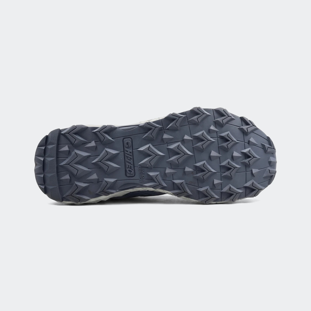 Grey Hi-Tec Fuse Trail Low II sneaker sole, featuring M-D Traction rugged tread and prominent branding.