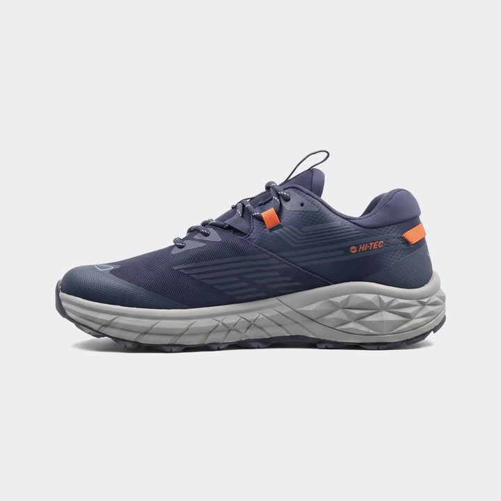 Hi-Tec Fuse Trail Low II men's trail running sneakers in navy blue with orange accents and a gray sole, shown from a side