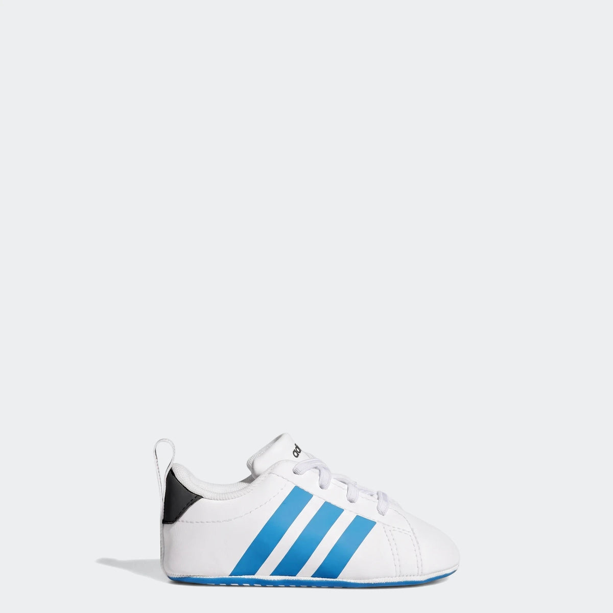 Infant Grand Court Crib Shoes in white with three blue stripes, shown from a side view.