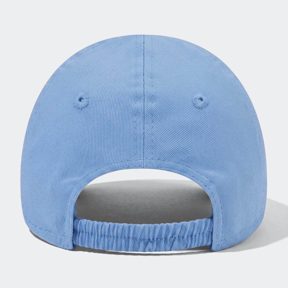 Light blue infant baseball cap, showing the back view with an elastic band for a secure fit.