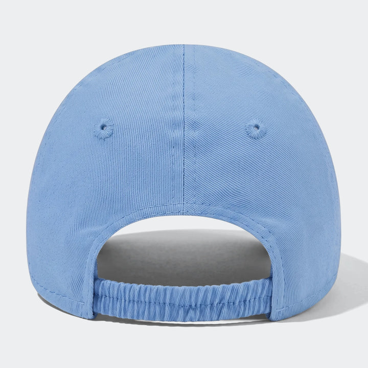 Light blue infant baseball cap, showing the back view with an elastic band for a secure fit.