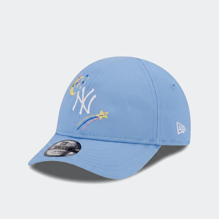 Light blue New York Yankees Infant League baseball cap with a colorful embroidered shooting star and rainbow design, shown