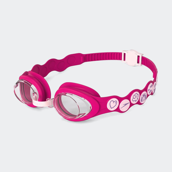Pink Infant Speedo Spot Google Multi Swimming Goggles with clear lenses and decorative strap, viewed from a slightly angled