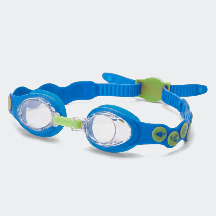 Close-up of blue and green Speedo Infant Spot Multi Swimming Goggles with clear lenses and patterned strap.