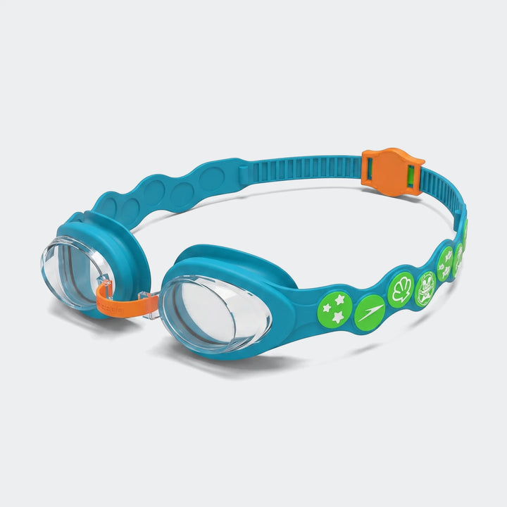 Infant Spot Multi Swimming Goggles with blue frames, clear lenses, and a colorful strap featuring green designs, shown from