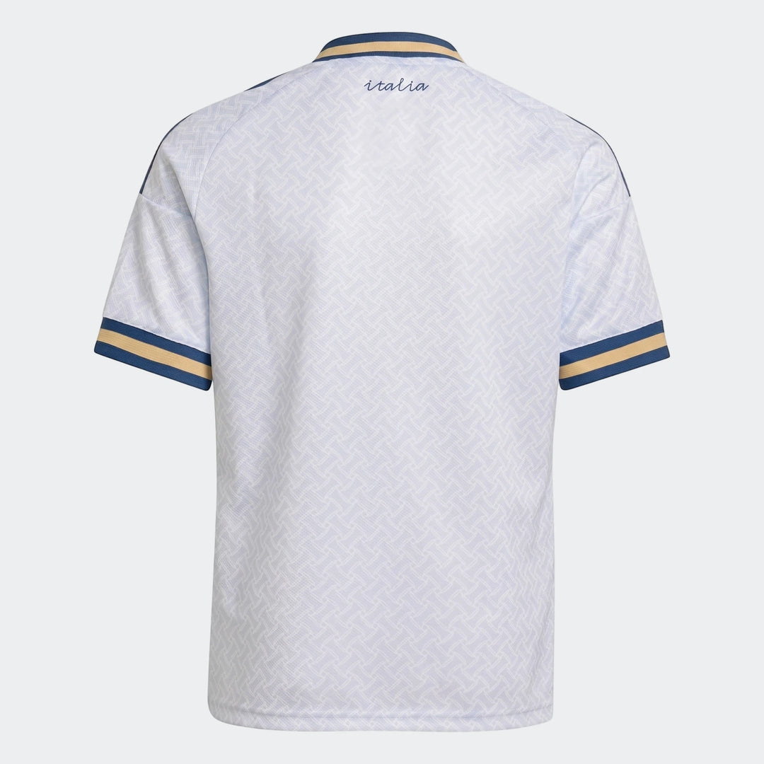 Youth Italy 25/26 Away Soccer Jersey, featuring a light blue and white pattern, shown from the back with blue 'Italia' text.