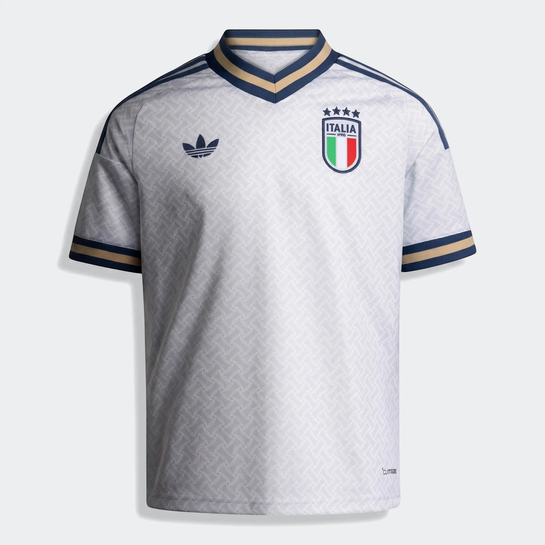 Italy 25/26 Away Jersey Youth, white with blue and gold trim, featuring Adidas trefoil logo and Italia crest.