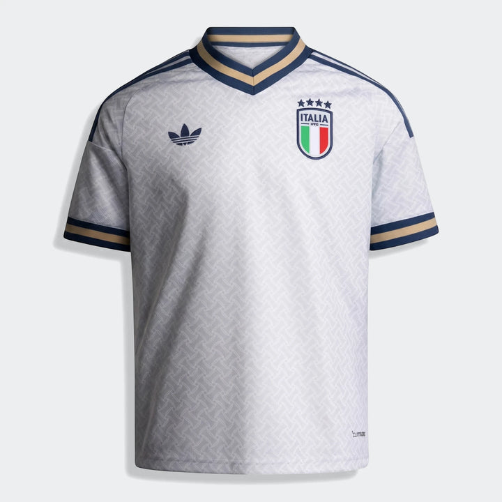 Italy 25/26 Away Jersey Youth, white with blue and gold trim, featuring Adidas trefoil logo and Italia crest.