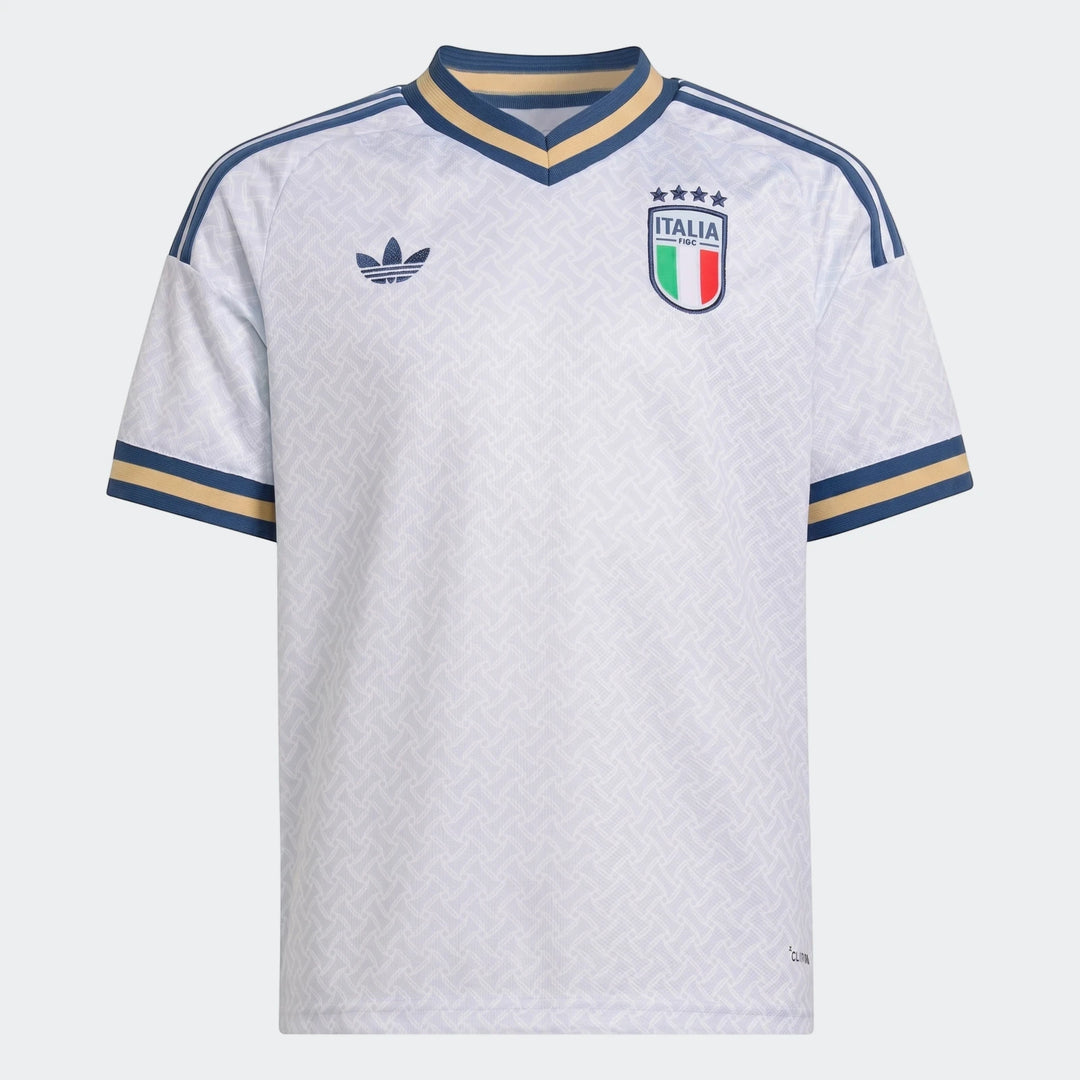 Italy 25/26 Away Jersey Youth in white with blue and gold trim, featuring Adidas logo and national crest, front view.