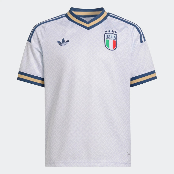 Italy 25/26 Away Jersey Youth in white with blue and gold trim, featuring Adidas logo and national crest, front view.