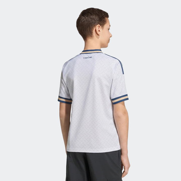 Italy 25/26 Away Jersey Youth in white/light gray with a geometric pattern, shown from the back on a young person.