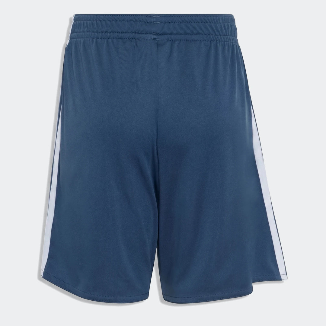 Back view of Italy 25/26 Away Mini Kit athletic shorts in deep blue with white side stripes, made from breathable fabric.