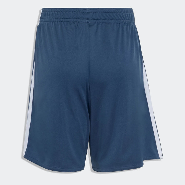 Back view of Italy 25/26 Away Mini Kit athletic shorts in deep blue with white side stripes, made from breathable fabric.