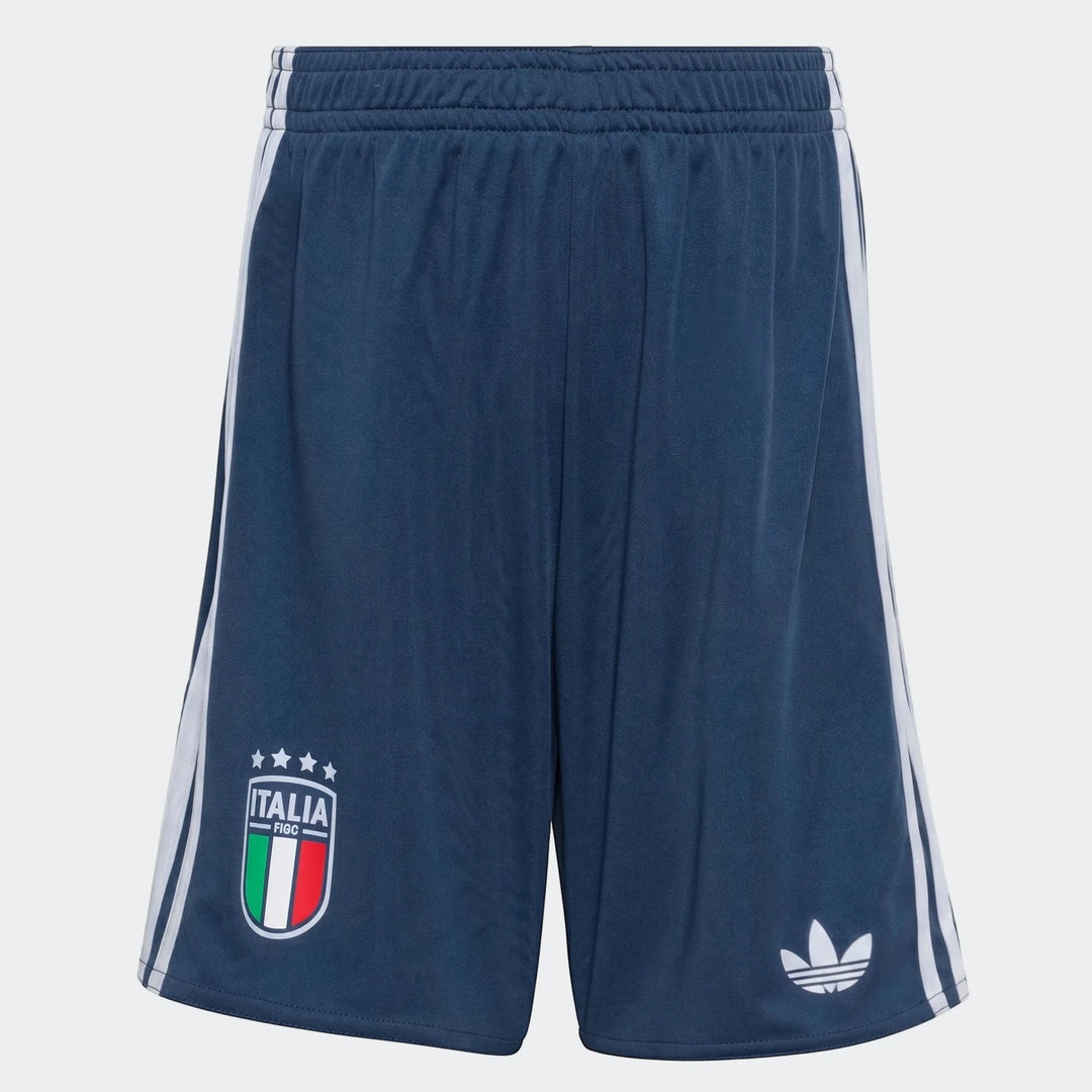 Dark blue Italy 25/26 Away Mini Kit shorts for kids, featuring white side stripes, the Italy FIGC badge, and Adidas logo.