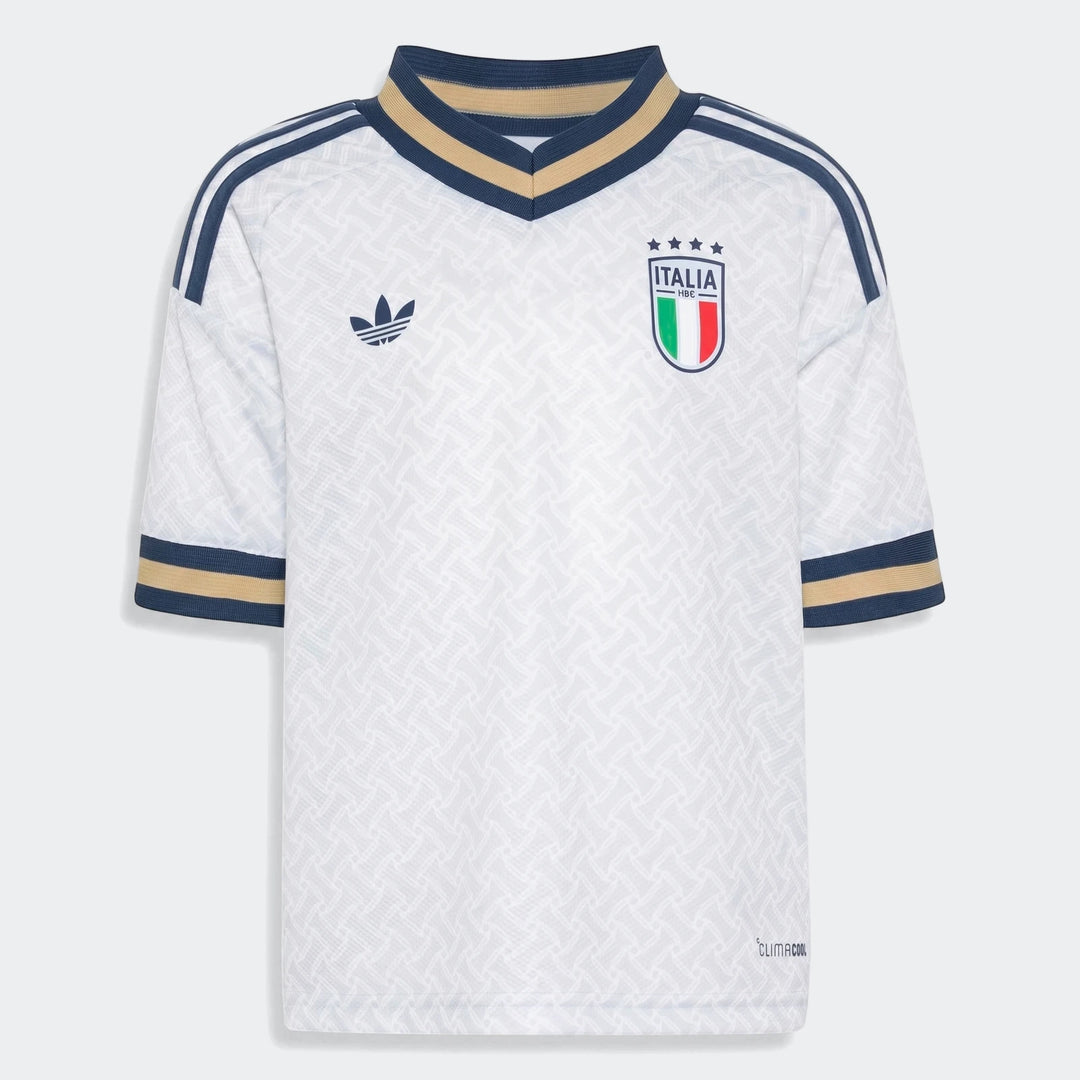 Italy 25/26 Away Mini Kit jersey in white with navy and gold trim, featuring the Adidas logo and Italia crest on a flat lay.