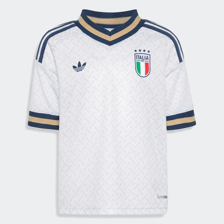 Italy 25/26 Away Mini Kit jersey in white with navy and gold trim, featuring the Adidas logo and Italia crest on a flat lay.