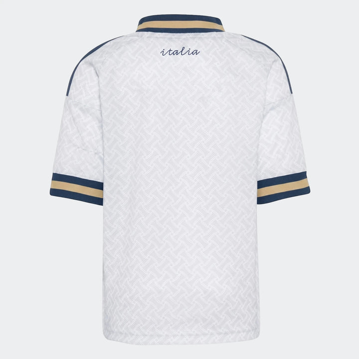 Back view of the Italy 25/26 Away Mini Kit white short-sleeve jersey, featuring blue and gold striped details and 'italia'