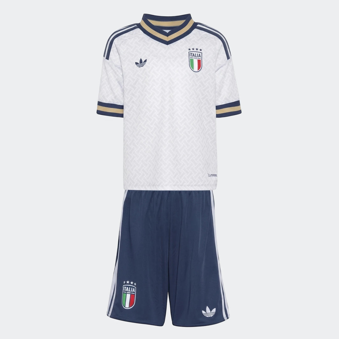 Italy 25/26 Away Mini Kit with white patterned shirt, navy blue shorts, and Adidas and Italia logos, displayed flat.