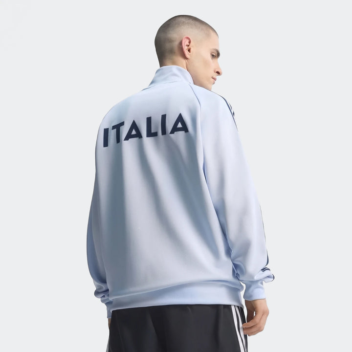 Light blue Adidas Italy Originals Track Top on a male model, shown from the back with "ITALIA" text visible.