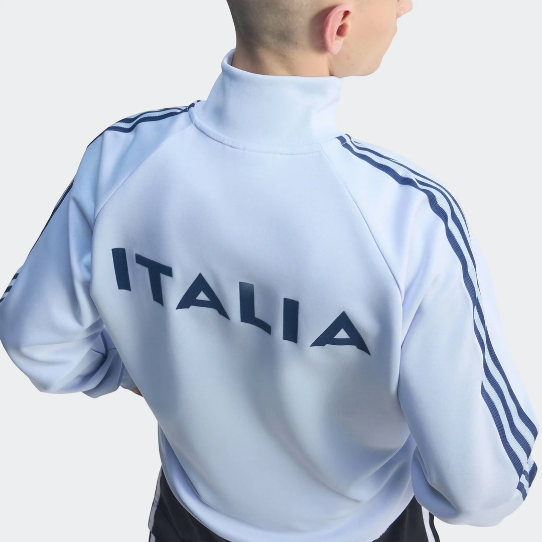 Light blue Italy Originals Track Top for men, featuring a dark blue 'ITALIA' logo on the back and three stripes on the