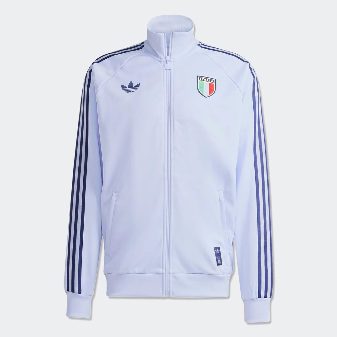 White Adidas Italy Originals track top with dark blue stripes and Italia shield logo, full front view.
