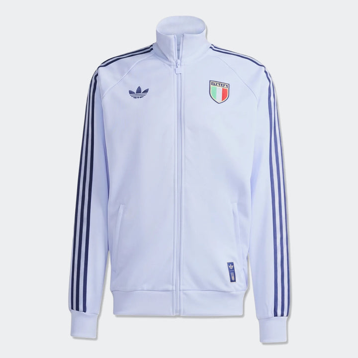 White Adidas Italy Originals track top with dark blue stripes and Italia shield logo, full front view.