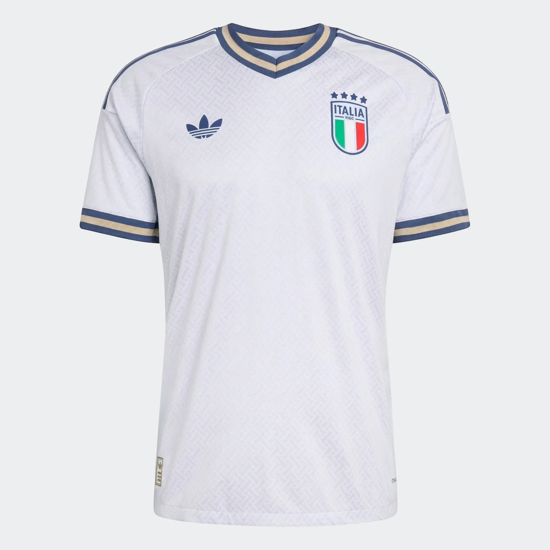 Italy soccer jersey, white with blue and gold trim, Adidas logo and FIGC crest on front, full view.