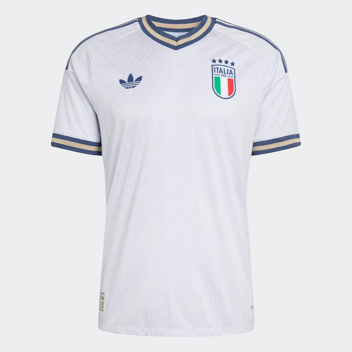 Italy soccer jersey, white with blue and gold trim, Adidas logo and FIGC crest on front, full view.