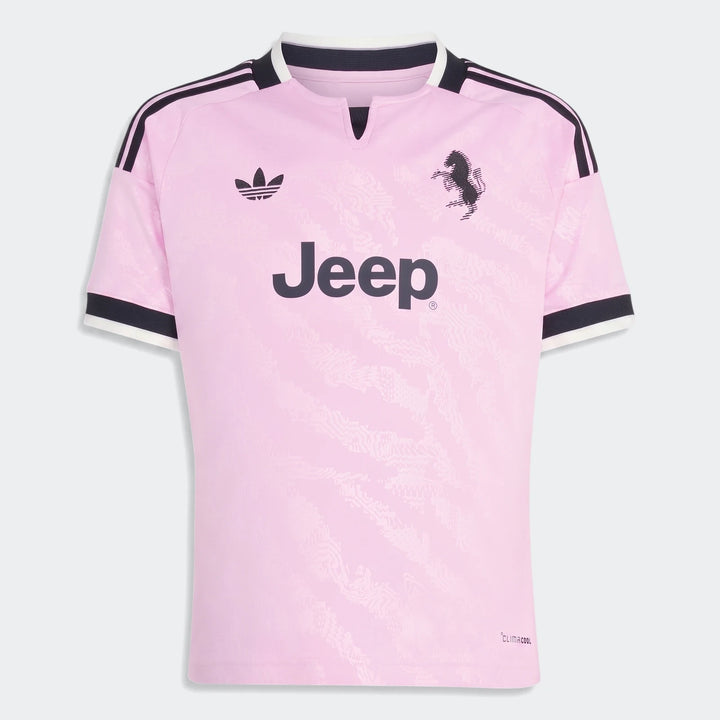 Pink Juventus 26/27 Away Kids Jersey with black Adidas logo and Jeep sponsor, short-sleeve soccer shirt on display.