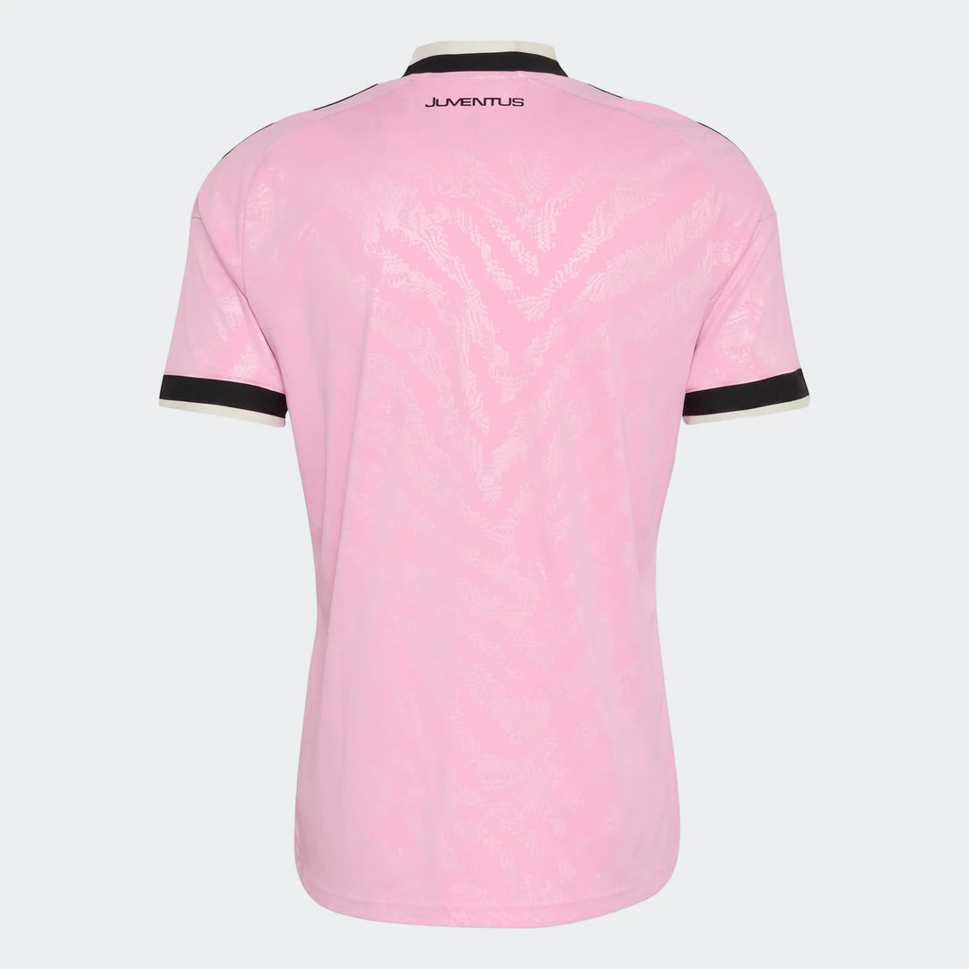 Back view of the Juventus 26/27 Away Jersey in pink with black and white trim and a subtle patterned design.
