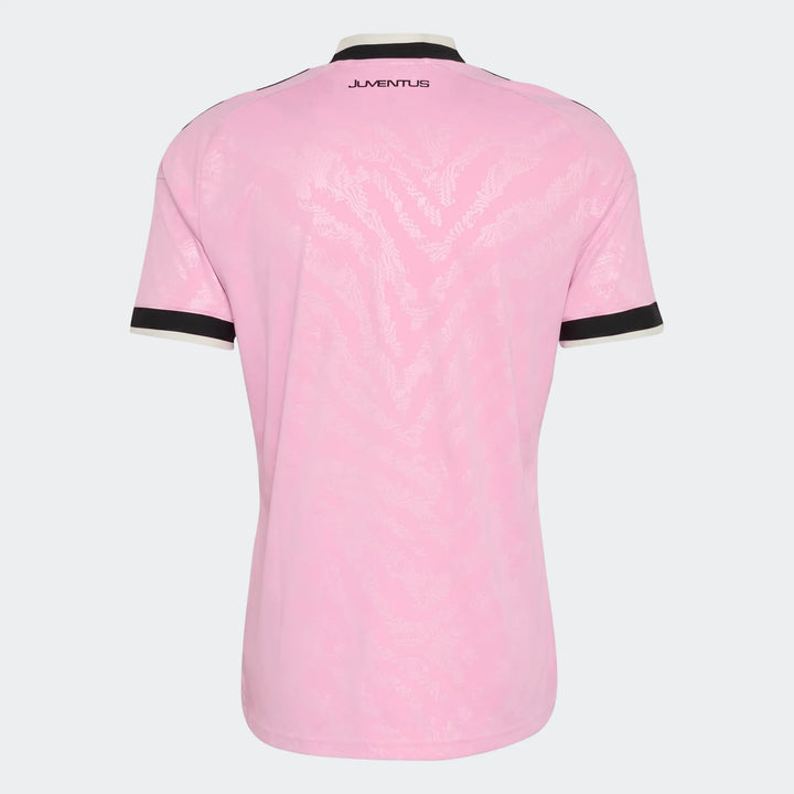 Back view of the Juventus 26/27 Away Jersey in pink with black and white trim and a subtle patterned design.