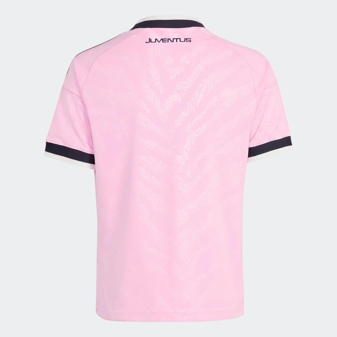 Pink Juventus 26/27 Away Kids Jersey, short-sleeved with black and white trim, featuring the 'Juventus' logo on the back