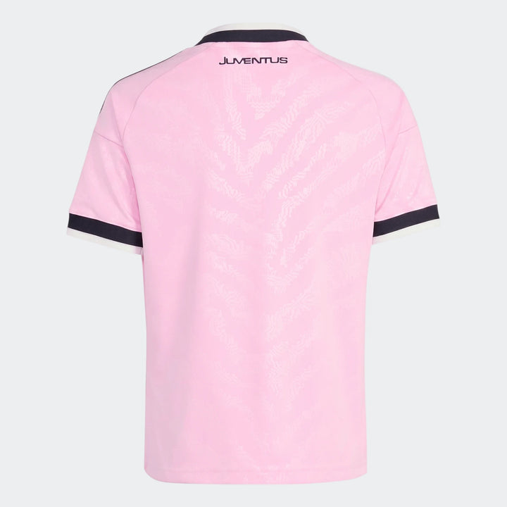 Pink Juventus 26/27 Away Kids Jersey, short-sleeved with black and white trim, featuring the 'Juventus' logo on the back