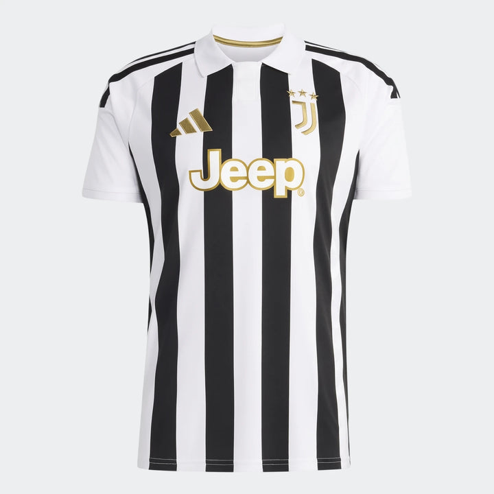 Juventus 26/27 Home Jersey, short-sleeve, featuring black and white vertical stripes and gold club and sponsor logos.