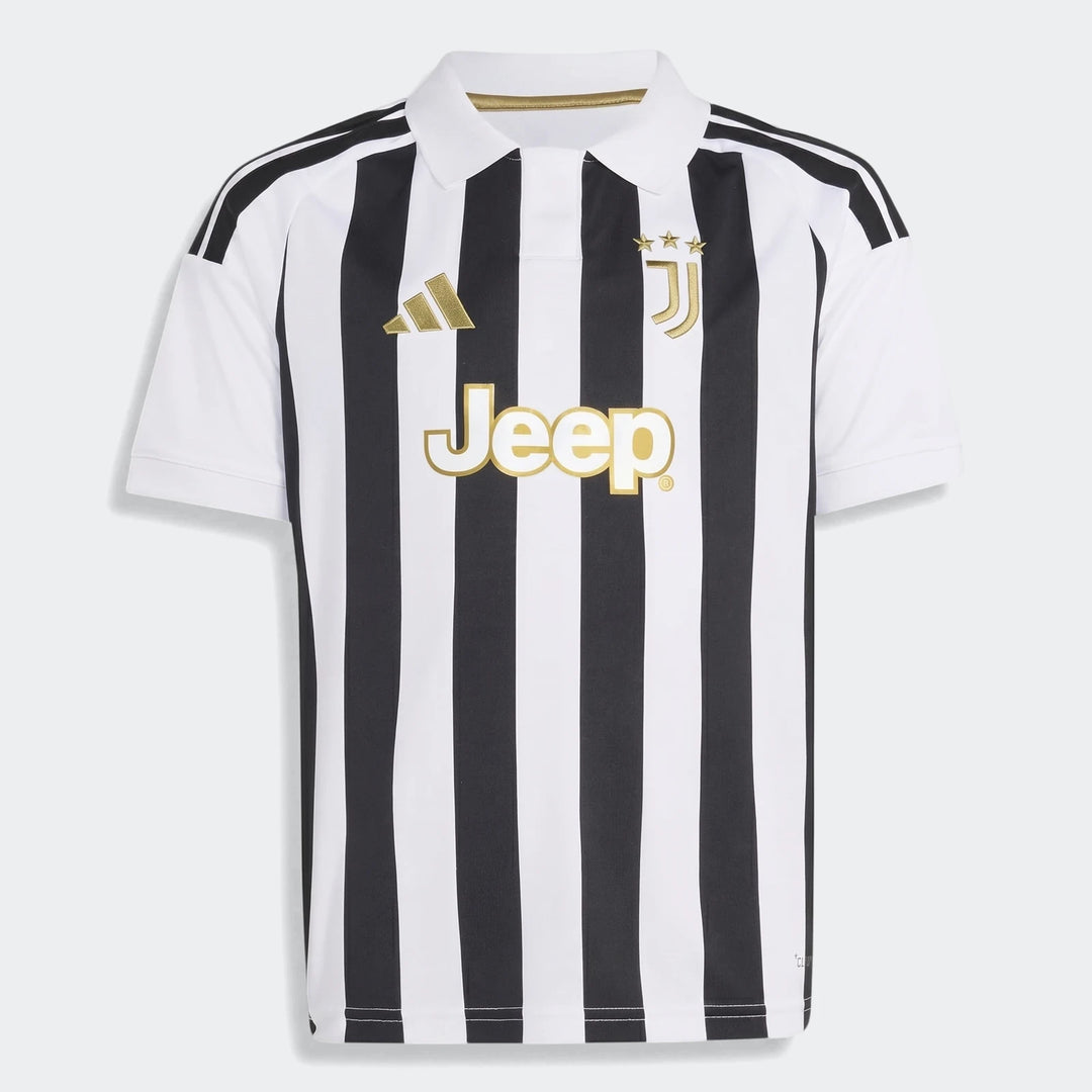 Juventus 26/27 Home Jersey for kids, featuring black and white vertical stripes, short sleeves, and prominent gold logos,