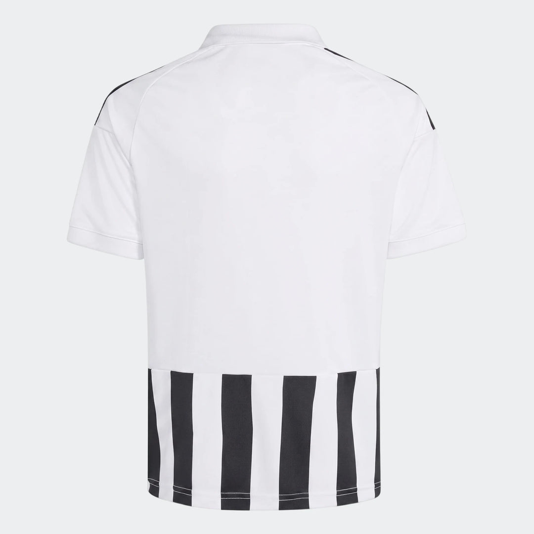 Back view of the Juventus 26/27 Home Kids Jersey, featuring a white body and striking black and white vertical stripes.