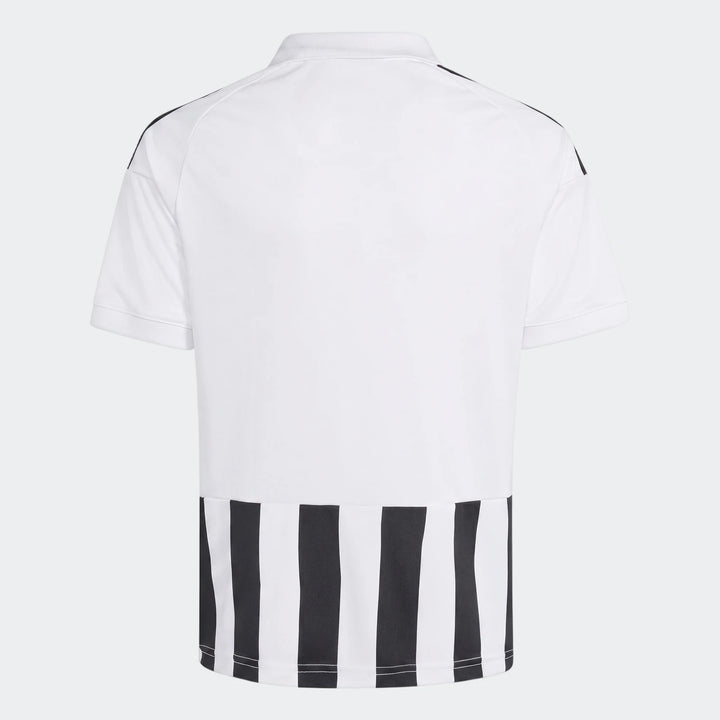 Back view of the Juventus 26/27 Home Kids Jersey, featuring a white body and striking black and white vertical stripes.