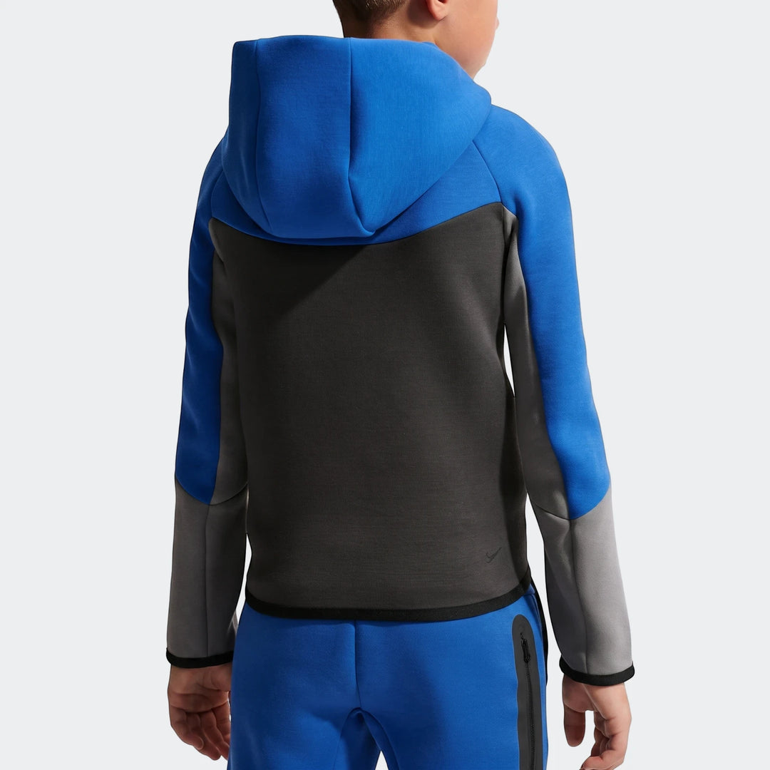 Child's Nike Air Po hoodie in blue, black, and gray color block, rear view, with matching blue sweatpants.