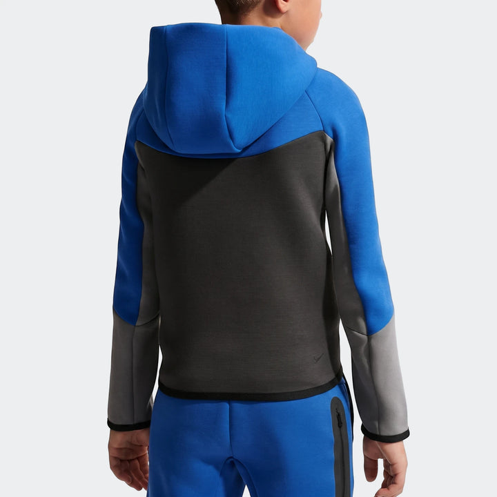 Child's Nike Air Po hoodie in blue, black, and gray color block, rear view, with matching blue sweatpants.